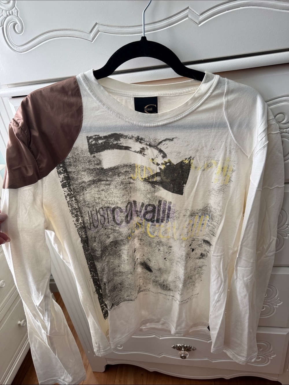 Just Cavalli Cream Graphic Long Sleeve Top with Brown Shoulder Patch